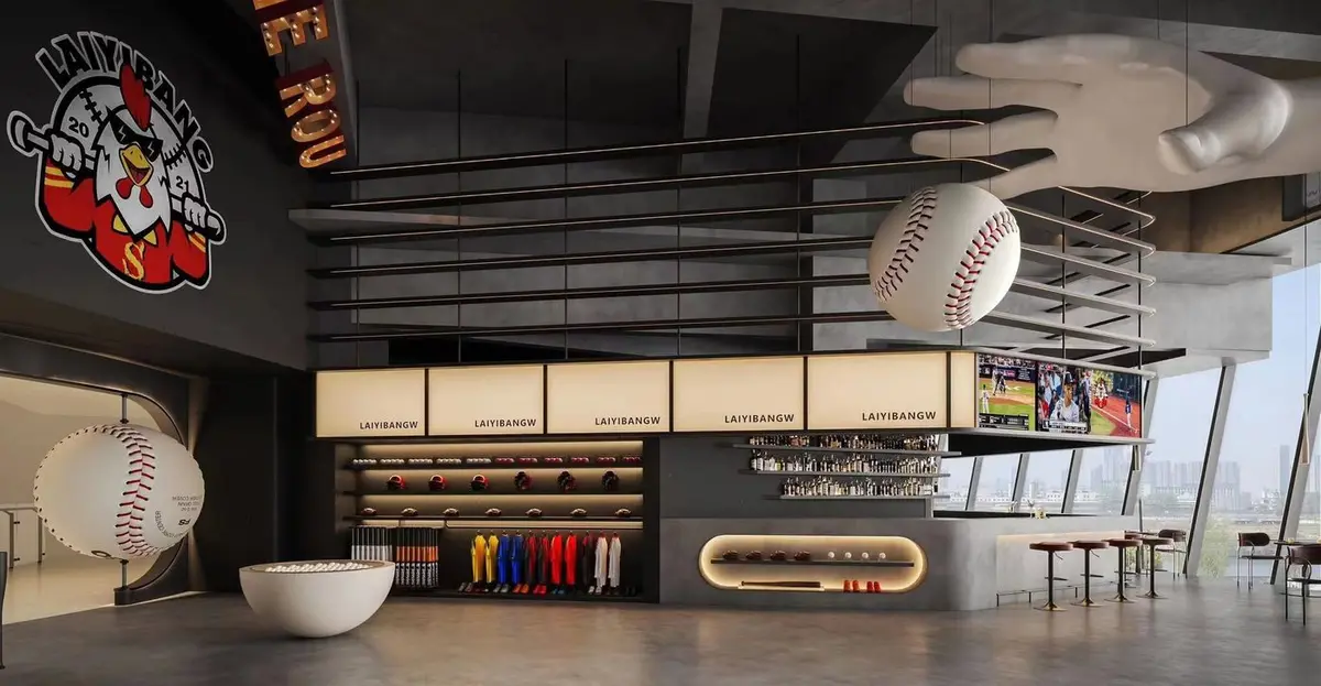 Baseball-themed bar interior with giant baseball and hand sculptures