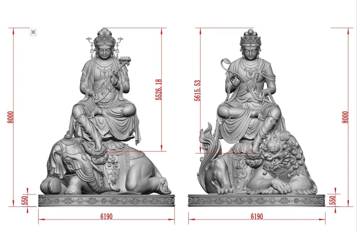 Engineering design drawing of Bodhisattva sculptures with dimensions