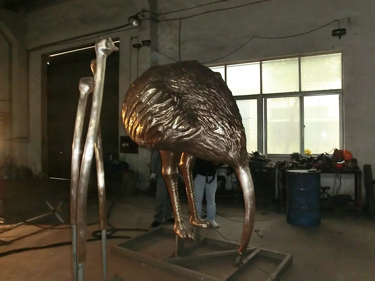Bronze ostrich sculpture in the workshop